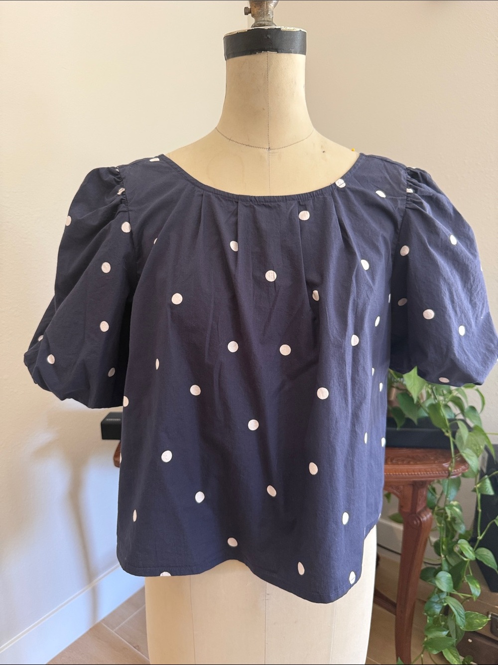 Anthropologie Maeve Navy Blouse with White Polka Dots